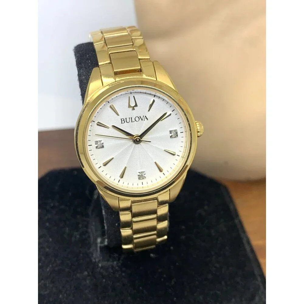 Bulova Women's Watch 97P150 Quartz Diamond Silver Dial Gold Stainless Steel 28mm